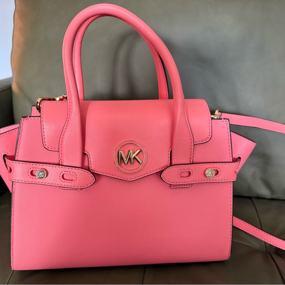 MICHAEL KORS CARMEN MEDIUM FLAP SATCHEL SHOULDER HANDBAG-GRAPEFRUIT SAFFIANO